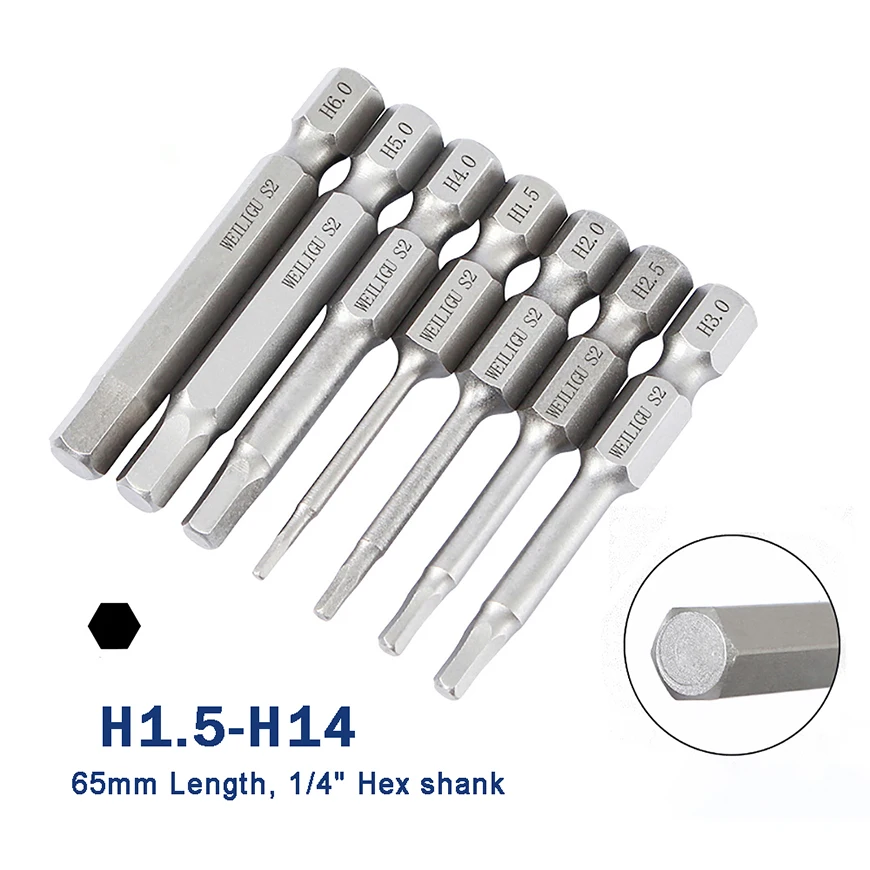 Magnetic Hex Bits 65mm H1.5 H2 H2.5 H3 H4 H5 H6 H8 H10 H12 H14 Screwdriver Bit 1/4" Hexagon Shank Impact Screws Drive Drill Bit