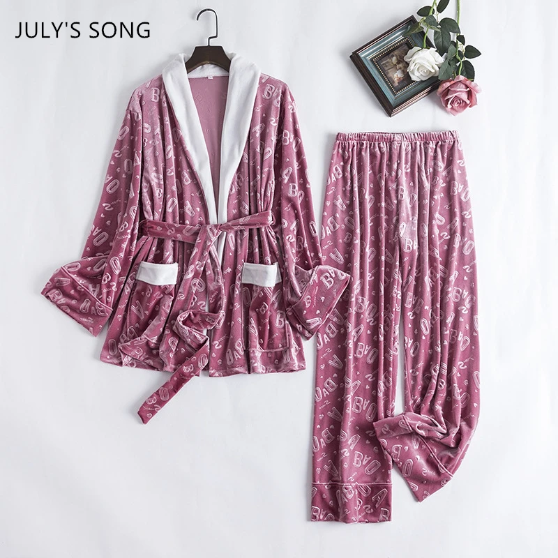 

JULY'S SONG Fshion, бархатный пижамный комплект, женская теплая одежда для сна, повседневная с буквенным принтом, костюм из двух предметов, осенне-зи...