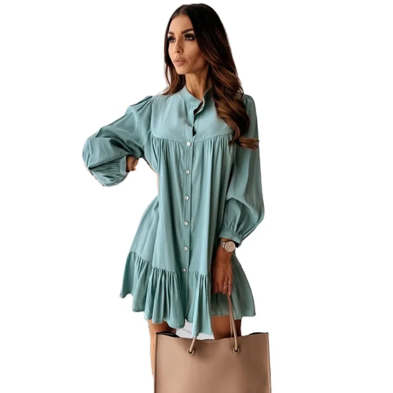 

Ruffled Front Single-Breasted A-Line Dress New Women Dresses Spring Summer Long Sleeve Stand Collar Solid Casual Mini Dress 2021