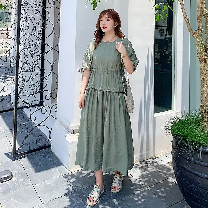 

Solid Color Big Size Korean Dress 3xl Large Size Women Summer Dress Short Sleeve Slim Waist Pleated Long Maxi Dress Plus Size