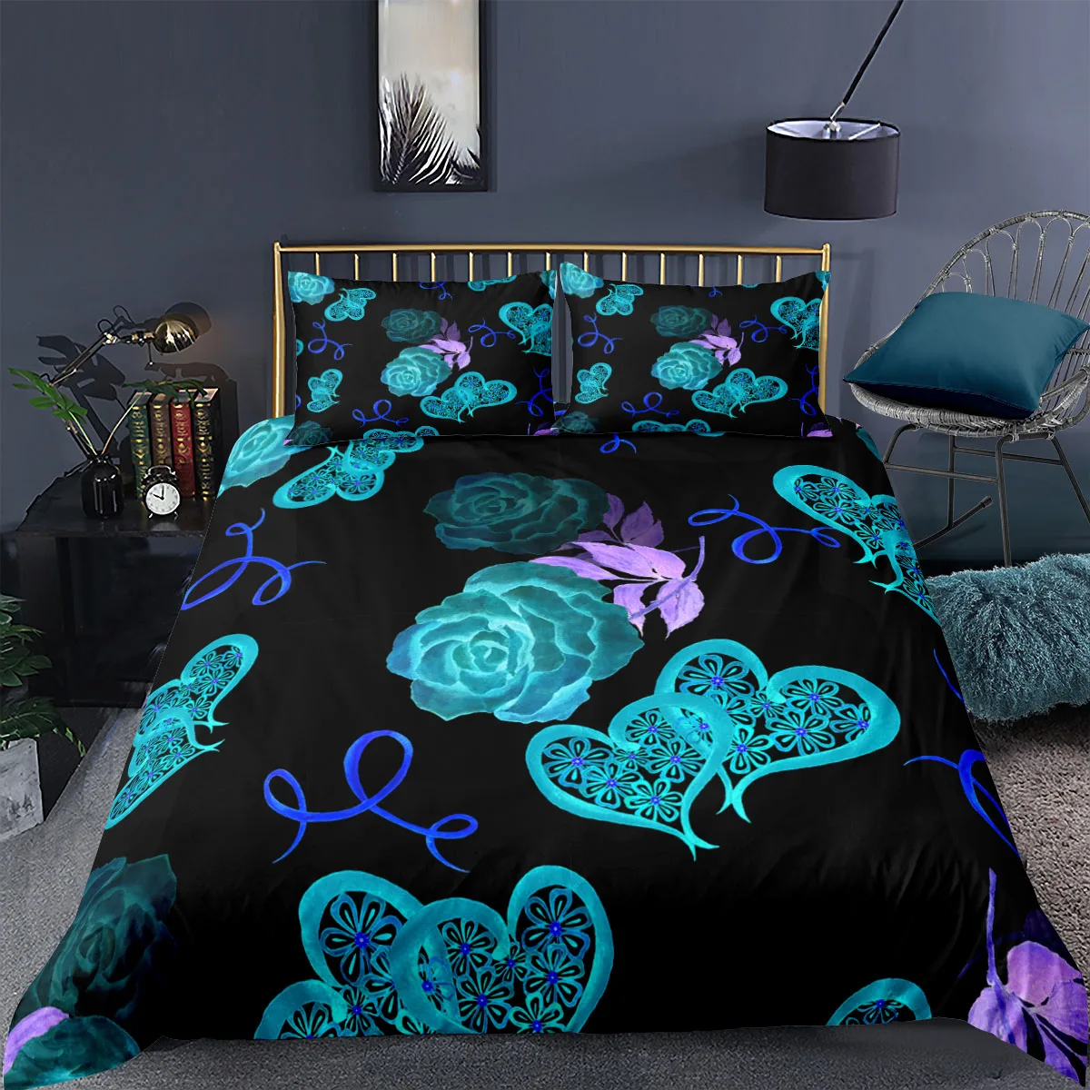 Комплект постельного белья с пурпурными цветами фантазийный современный черный