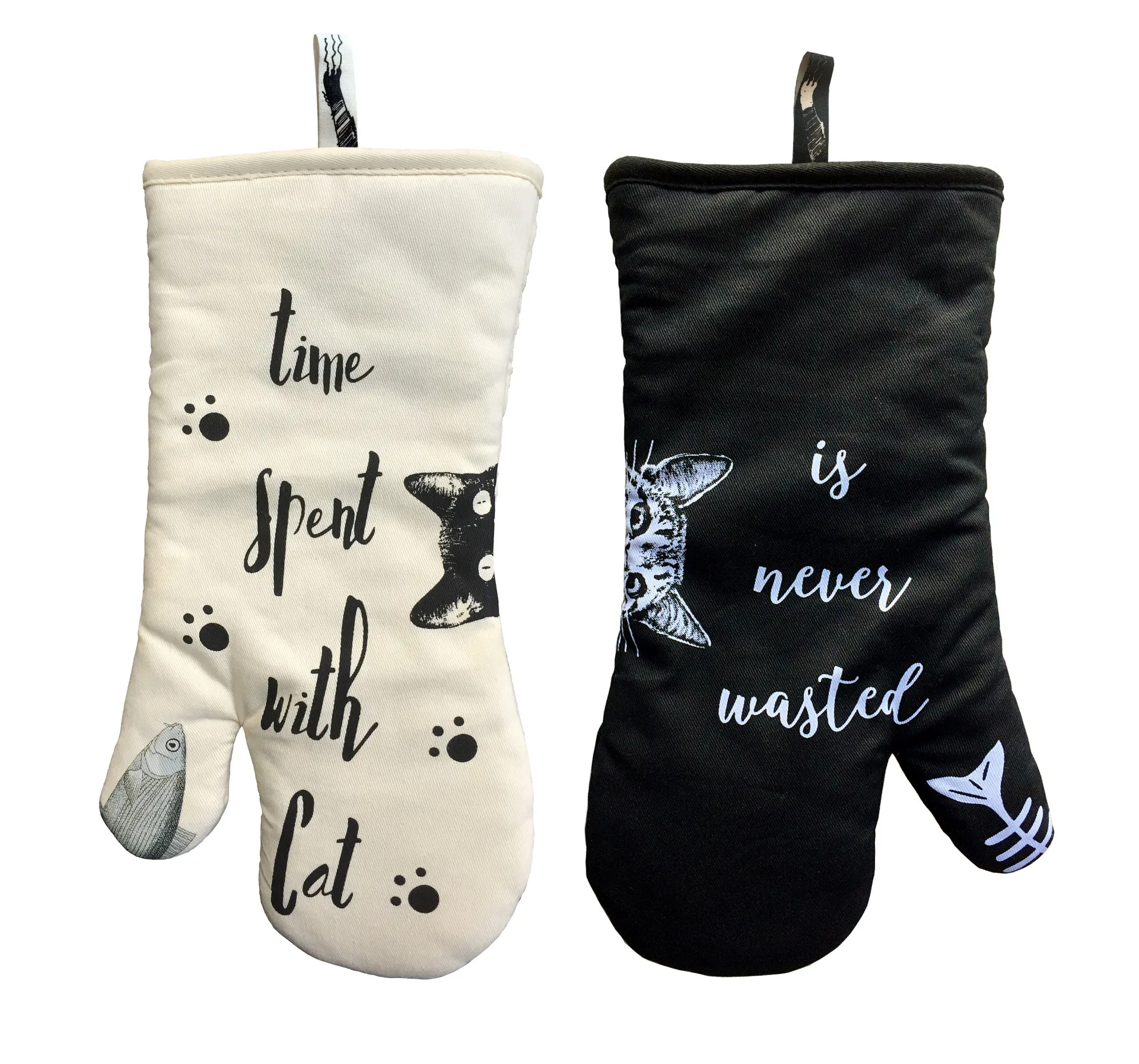 1 Pair 100% Oven Mitts Cotton Lining Heat Resistant Cooking Glove Potholder Kitchen Gloves (Ivory and Black Cat)