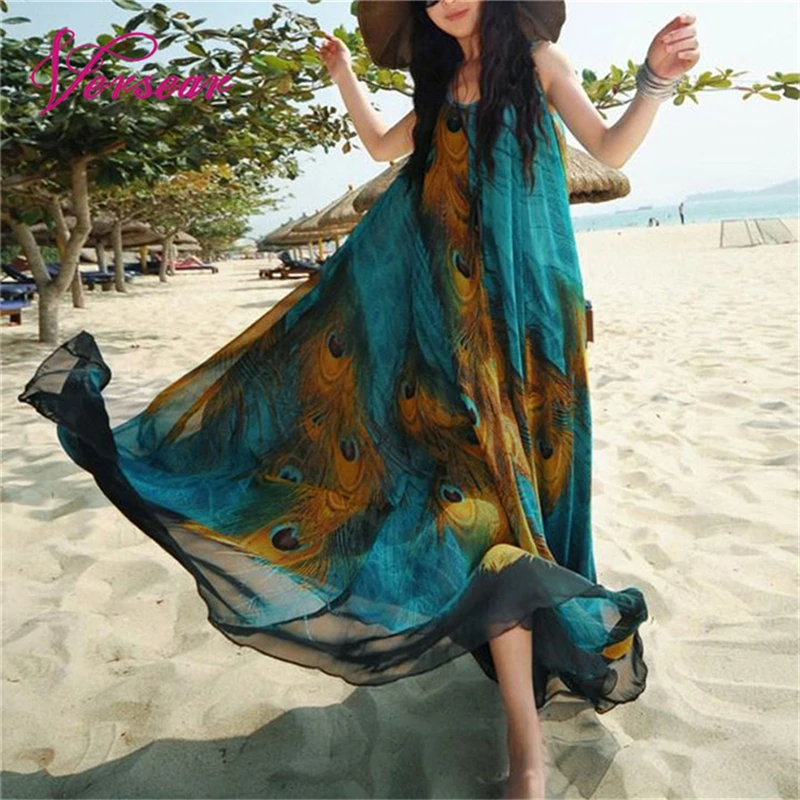 Boho для женщин без рукавов шифоновое макси платье с принтом в виде павлиньих