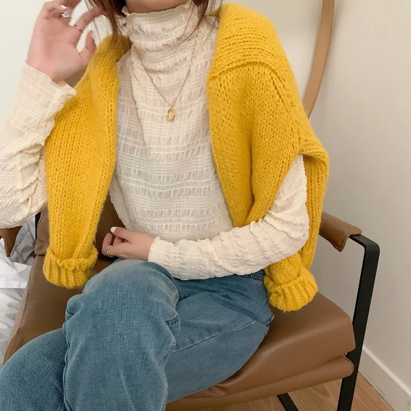 

Женская шифоновая кружевная рубашка, милая эластичная Свободная рубашка с полувысоким воротником на осень и весну, 2021