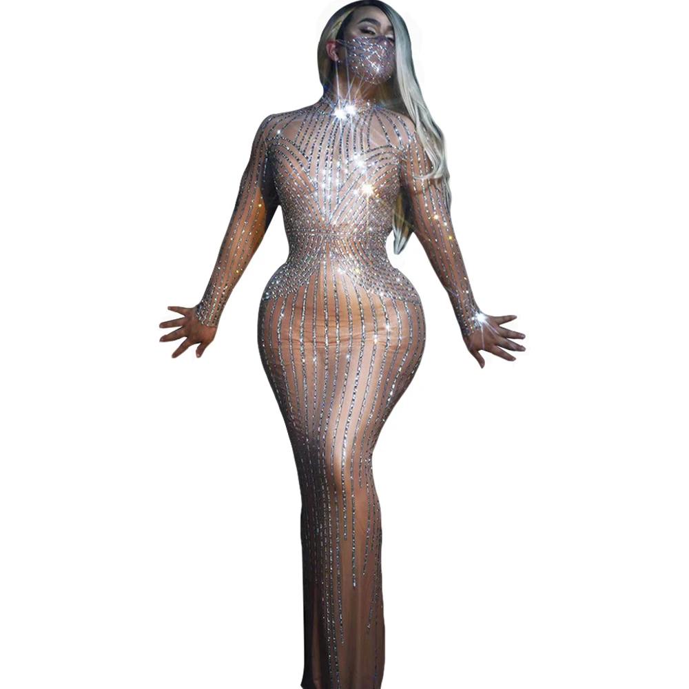 Женские стразы на сетчатой основе прозрачные длинные платья для женщин