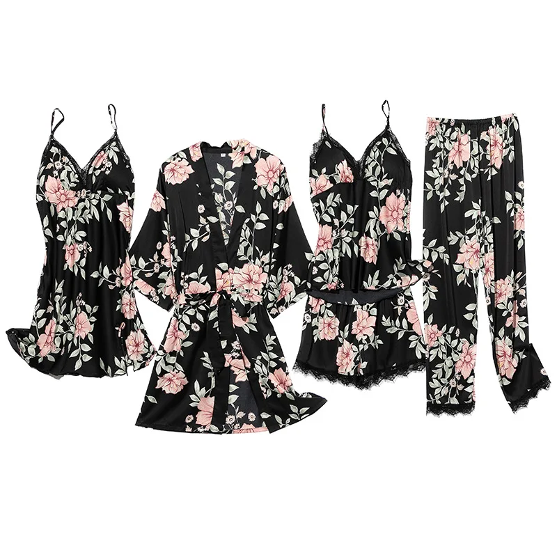 

Print Flower 5PCS Pajamas Set Lady Sleepwear Casual Sexy Pyjamas Suit With Chest Pad Homewear Spring Summer Kimono Bathrobe Gown