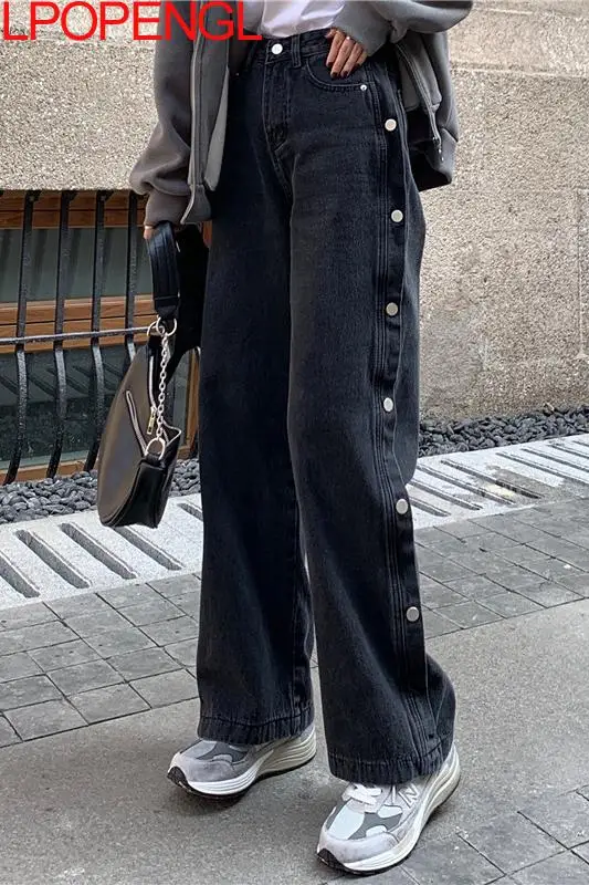 

Spring Women's High Waist Retro Black Jeans 2021 New Casual Loose Straight Pants Sweet Style Single Row Buttons Were Thin
