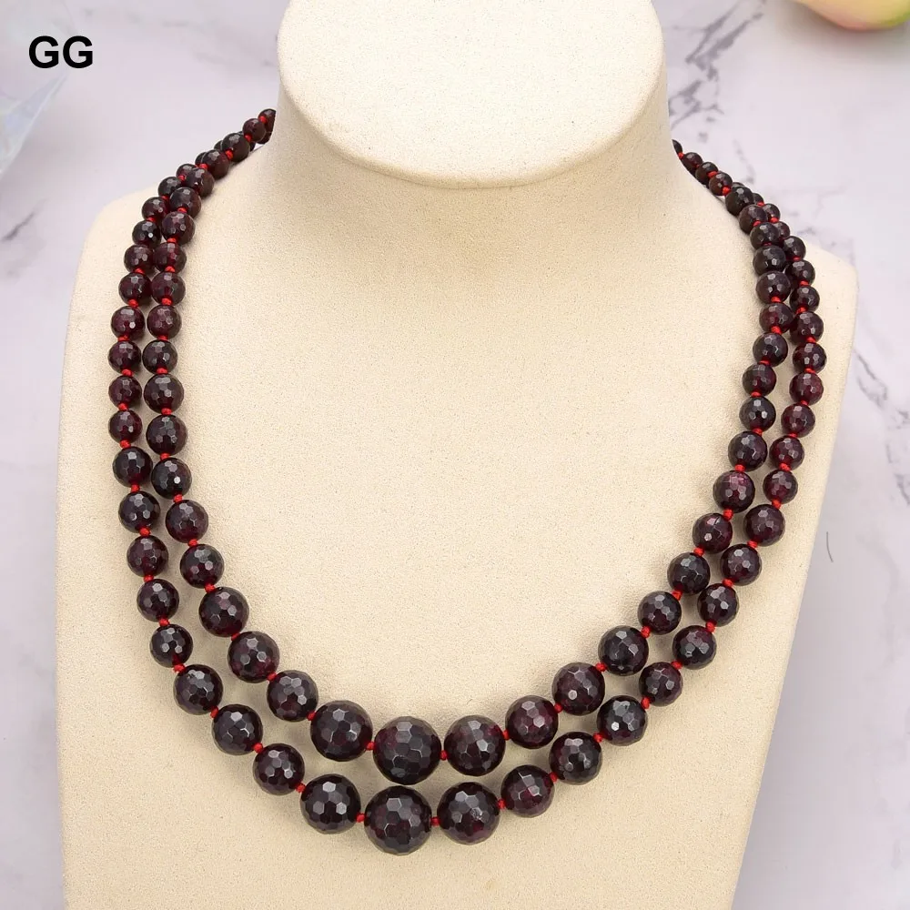 

GuaiGuai Jewelry 19" 2 Strands Round Faceted Graduated Garnet Necklace