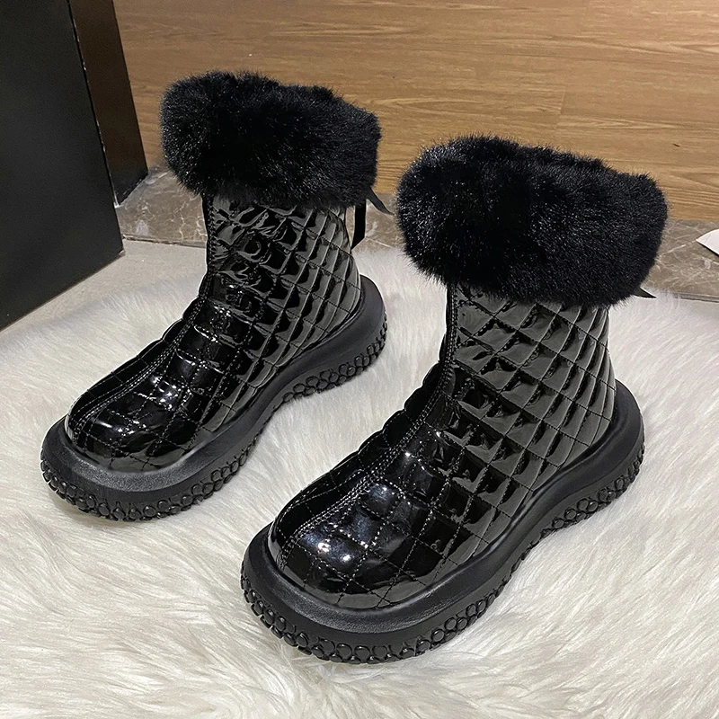 

Rimocy Patent Leather Long Plush Snow Boots Women Warm Faux Fur Platform Ankle Boots Ladies Back Zipper Thick Bottom Booties