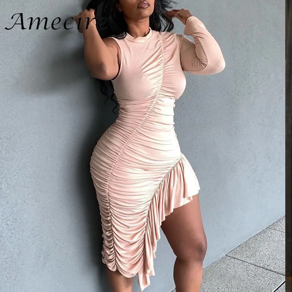 

Amecire Big Sale Knitted Dress One Shoulder Pleated Bodycon Women Dress Female Clothes New Fashion Outfit Winter Dress 2021