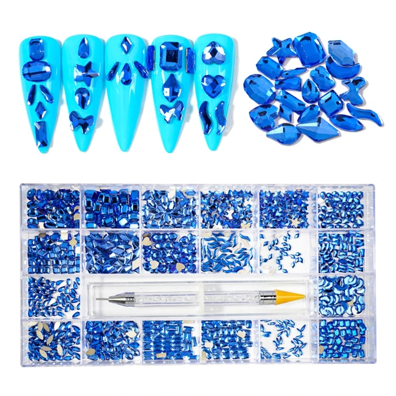 

21 Grids Nail Rhinestones Set Multi Shape for Nails Art Decor with Wax Pencil