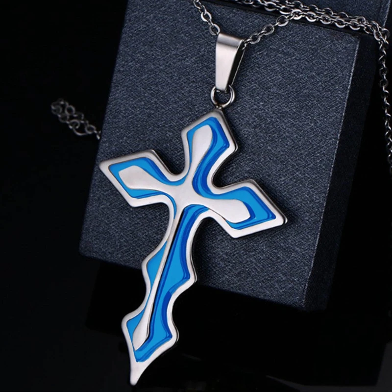 Синий из нержавеющей стали мужские волна колье с подвеской в виде креста панк