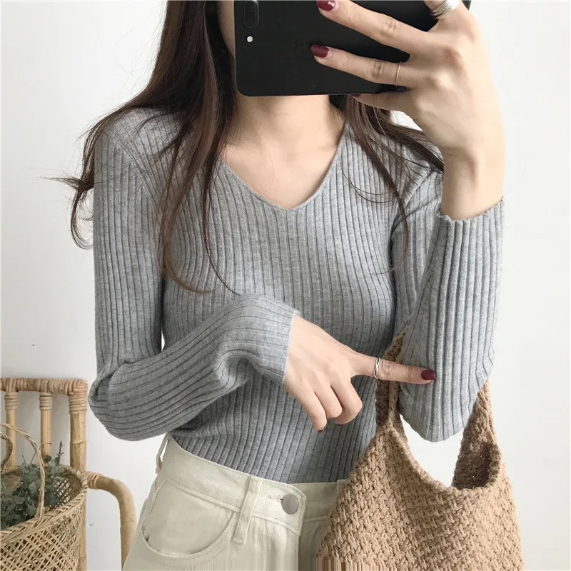 Winter Basic Knitted Tops Women Fashion Hot Sales Design Skin Tight V Neck Sweater Pink Gray White Black Blue O014 | Женская одежда