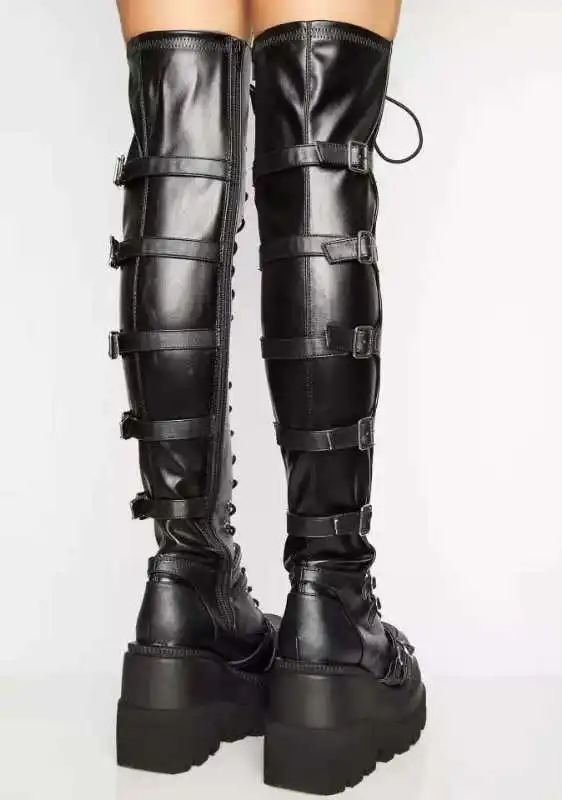 

2021 Design Female High Platform Thigh High Boots Fashion Buckle Punk High Heels Boots Women Cosplay Wedges Shoes Woman