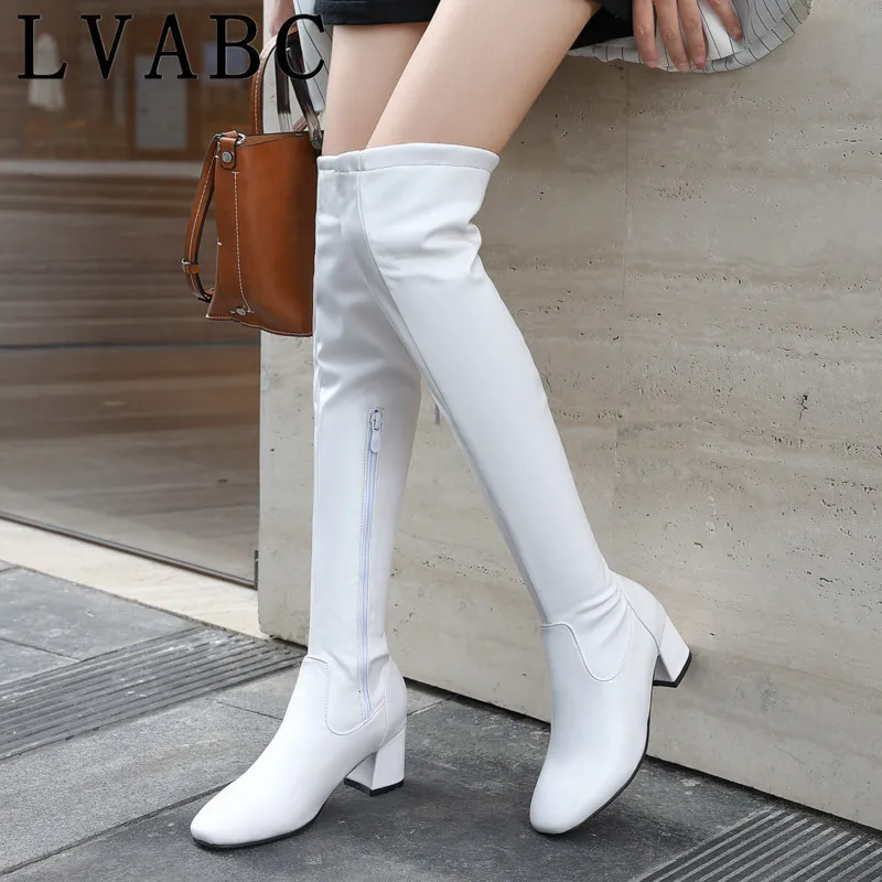 

Fashion Knee High Boots Women's Winter Boots Thick High Heels Long Boots Round Slip On Spring Autumn Shoes Woman Black White 38