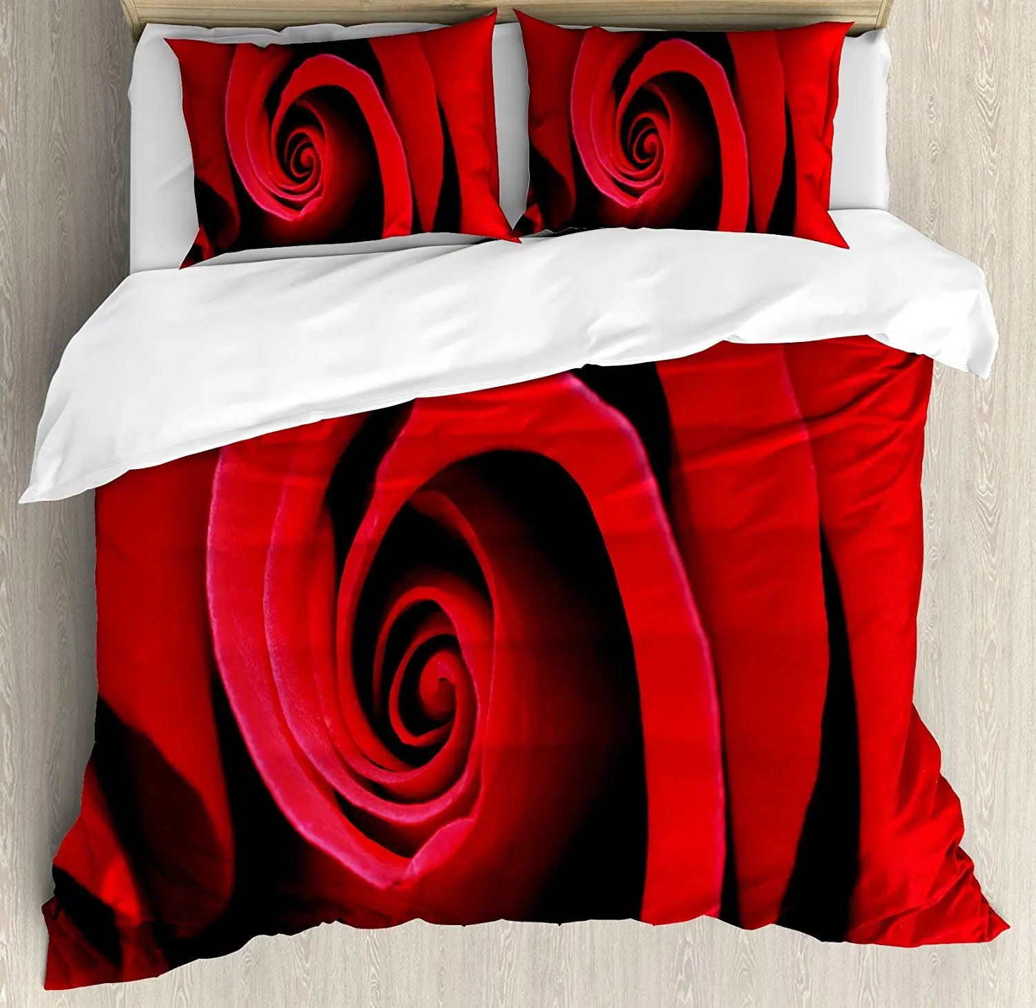 

Rose Bedding Set Extreme Close Up of Red Rose Bloom Swirled Spiral Petals Beauty in Nature Duvet Cover Pillowcase For Home