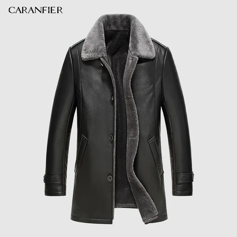 Черный CARANFIER/Новинка года; Мужские Кожаные Куртки из натуральной овечьей шерсти с шерстяным воротником; Брендовые мужские пальто средней длины; DHL; - Цвет: Черный