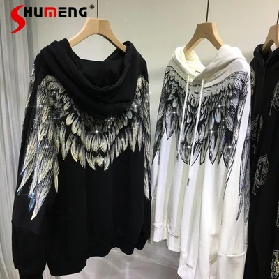 

New High Street Hot Drilled Women Hoodies Fashion Couples Rhinestione Wings Pullover Sweatshirt Big Size Cotton Hoodie Tops
