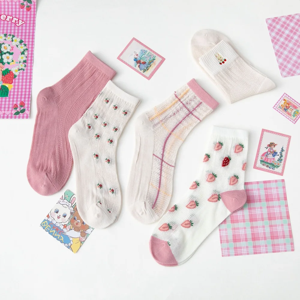 Women Long Socks 5-pairs Set Summer Breathable Thin Cartoon Printed Mesh Girls Socks Japanese Korean Style College Style