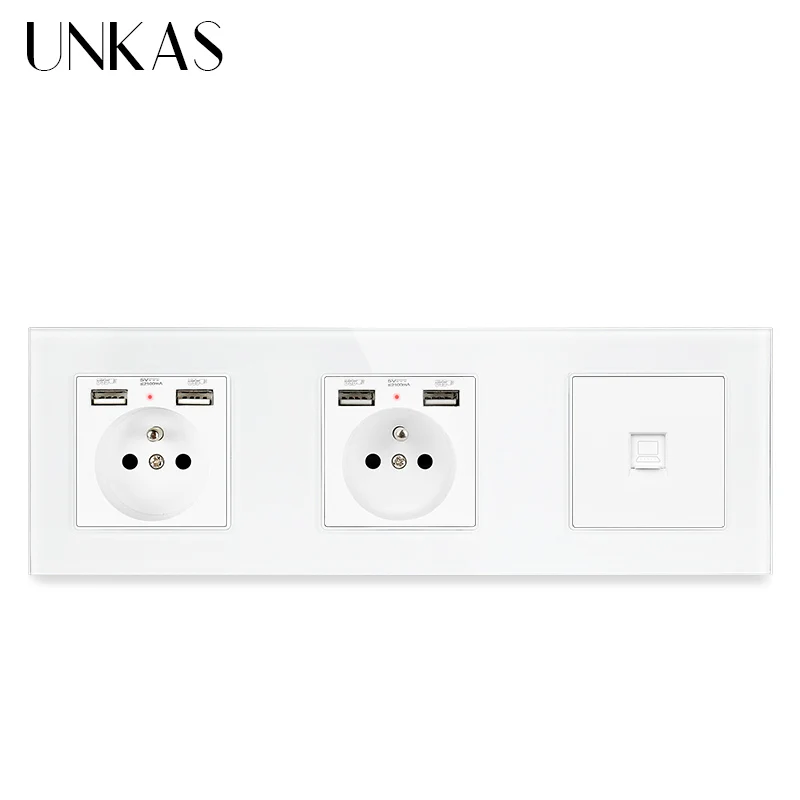 Двойная французская стандартная настенная розетка UNKAS со стеклянной панелью и 4