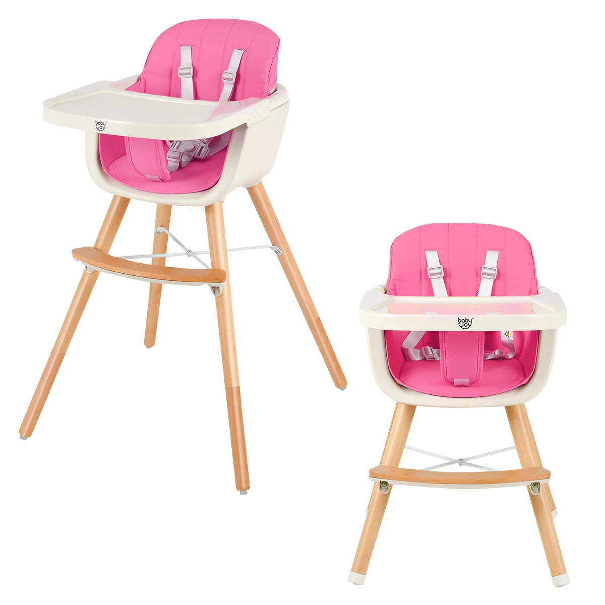 3 in 1 Convertible Wooden High Chair Baby Toddler Highchair w/ Cushion Pink