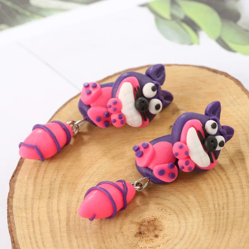 Cartoon Animals Red Purple Funny DIY Little Raccoon Eardrop Unique Design New Soft Pottery Earrings Female Fashion Jewelry Gifts | Украшения
