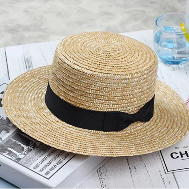 

Women's Beach Hat Wide side Female Casual Panama Hat Lady Classic Flat Bowknot Straw Sun Hat Women