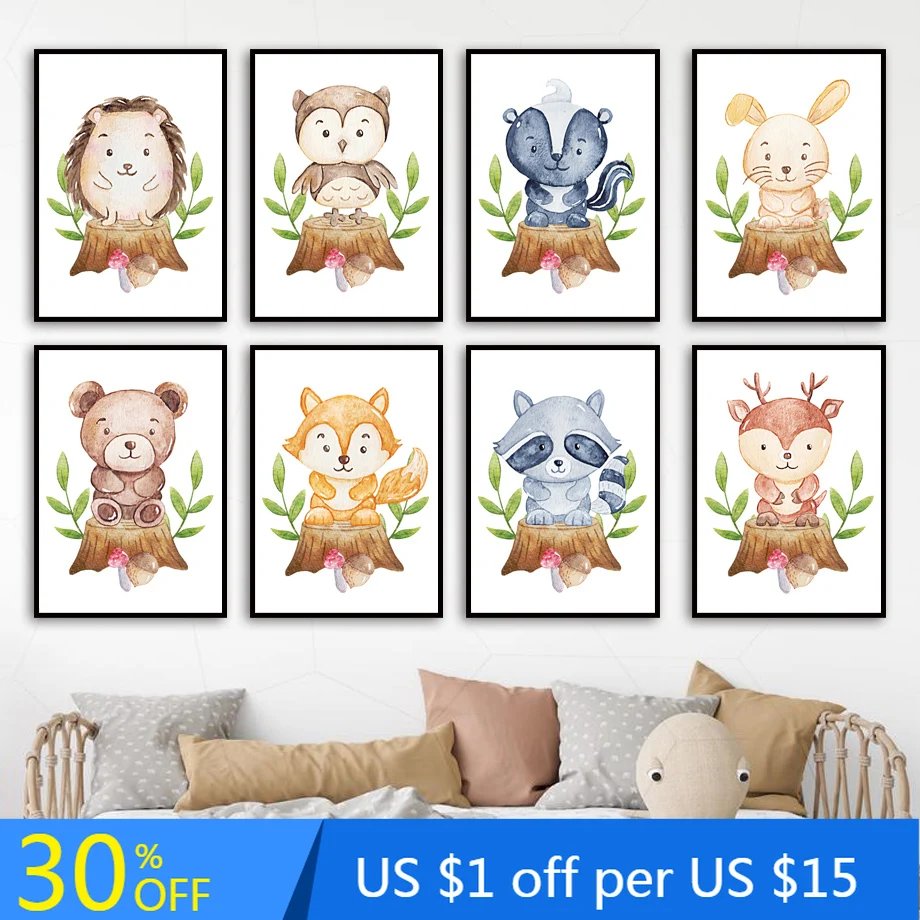 Настенный постер для детской комнаты рисунок лесных животных кроликов совы