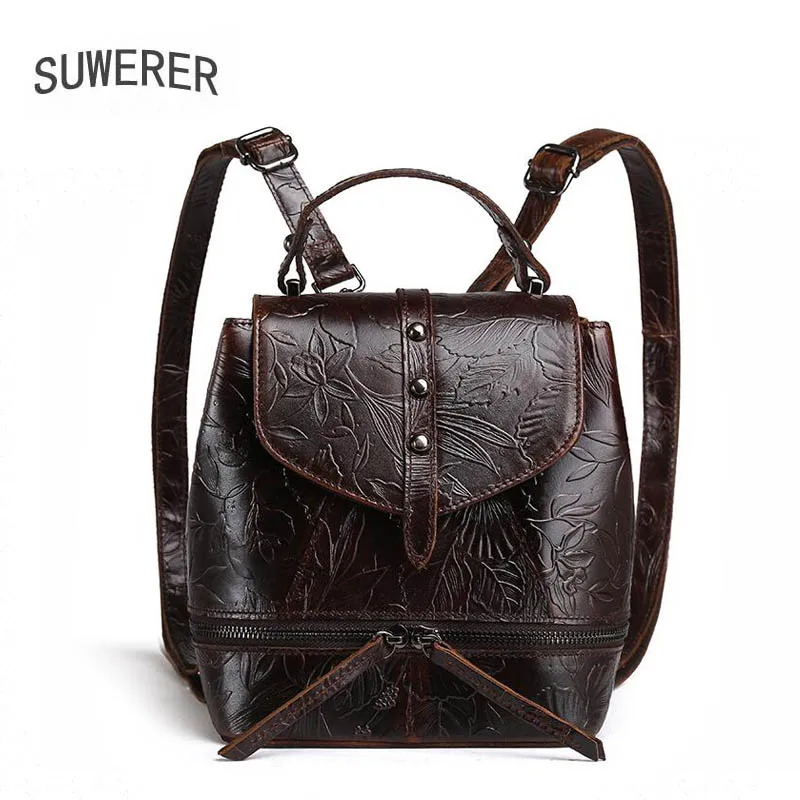 

SUWERER bags for women 2019 new women Genuine Leather bag fashion Embossing bag backpack women brown