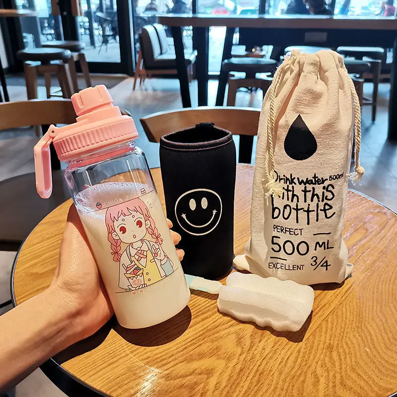 

Water cup female student Korean version plastic cup cute card ins anti falling personality with rope portable handy cup net red