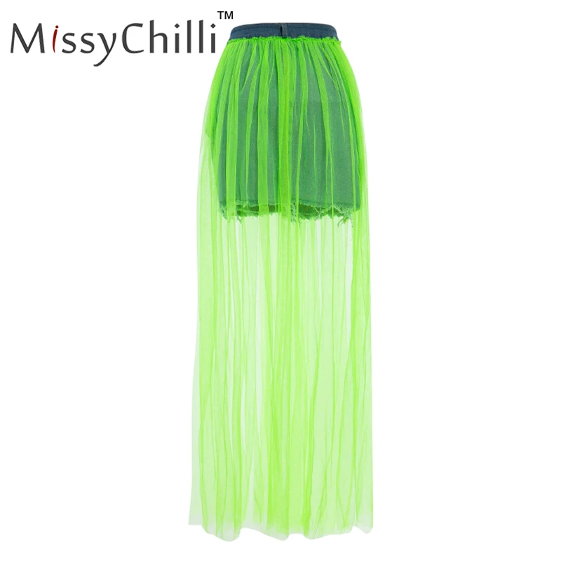 MissyChilli сетчатые Лоскутные юбки джинсовые с разрезом сексуальные летние пуговицы белая юбка с высокой талией женская уличная неоновая джинсовая юбка на пуговицах