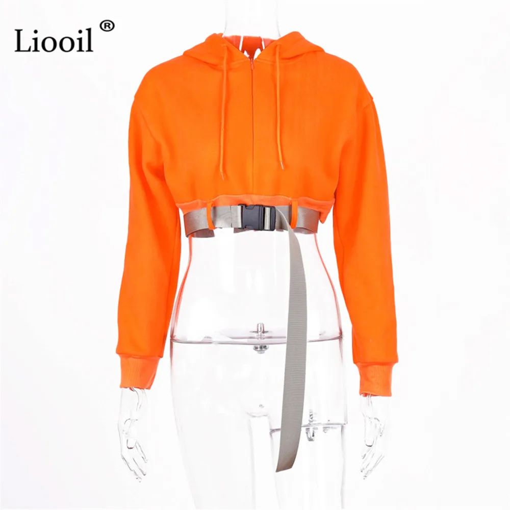 

Liooil Short Zip Hoodie With Belt Long Sleeve Crop Tops Hooded Pullovers Orange Streetwear Drawstring Hoodies for Women 2021