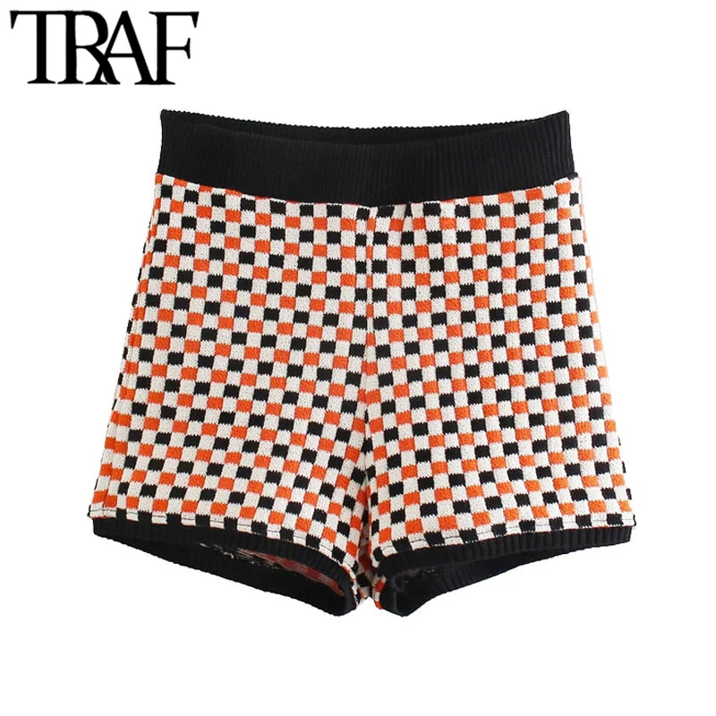 

TRAF Women Fashion Jacquard Check Knitted Shorts Vintage High Elastic Waist Patchwork Female Short Pants Mujer