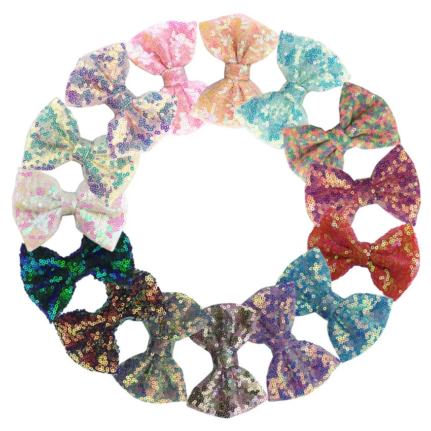 50 шт. 4 дюйма ручной работы бантики для волос с пайетками зажимом красочные
