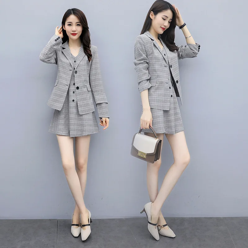 Spring Plaid Skit Sets Small Suit With Slim Vest Skirt Suspender Skirts British Style Two-piece Sets Fashion Women's 2020 A929