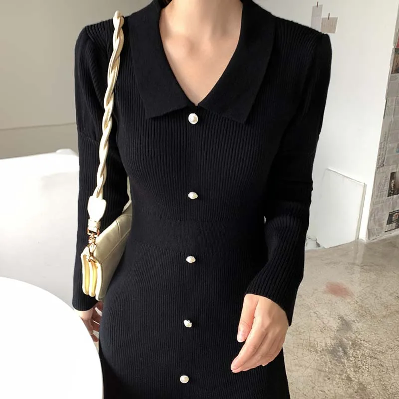 

Stylish Women'S Clothing Autumn Winter Korean Fashion Waist Slimming A-Line Solid Color Knit Pullover Sweater One-Piece Dress
