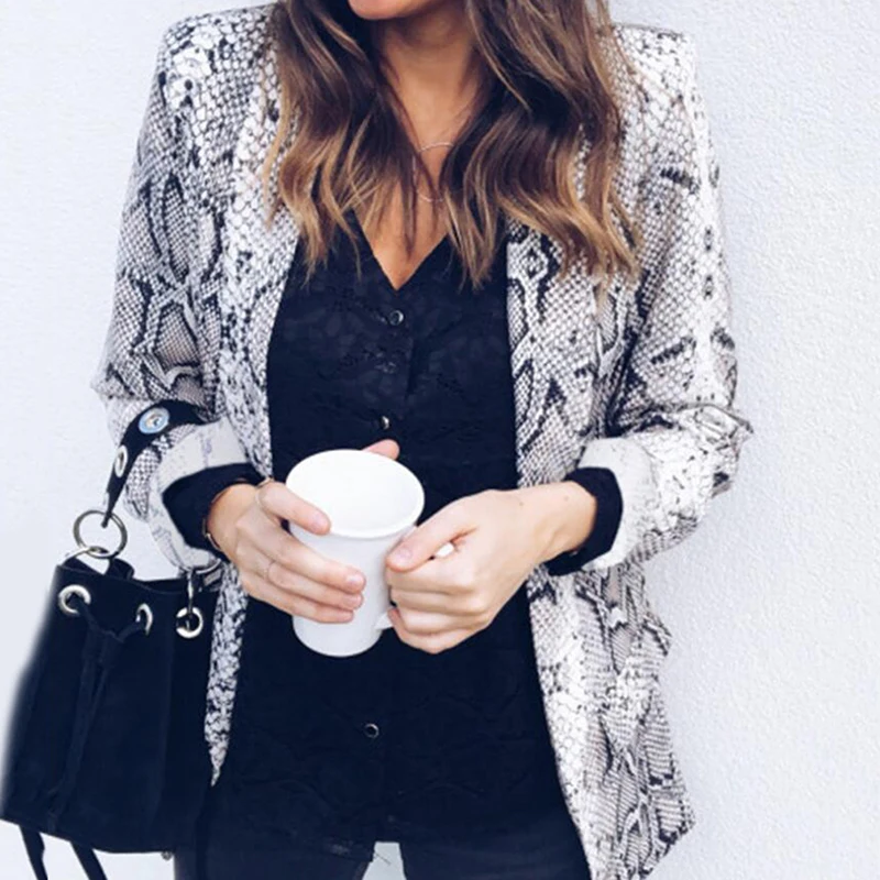 

Spring Autumn Suit Women Sexy Leopard Snake Print Long Sleeve Blazer Work Office Lady Slim Open Stitch Outwear