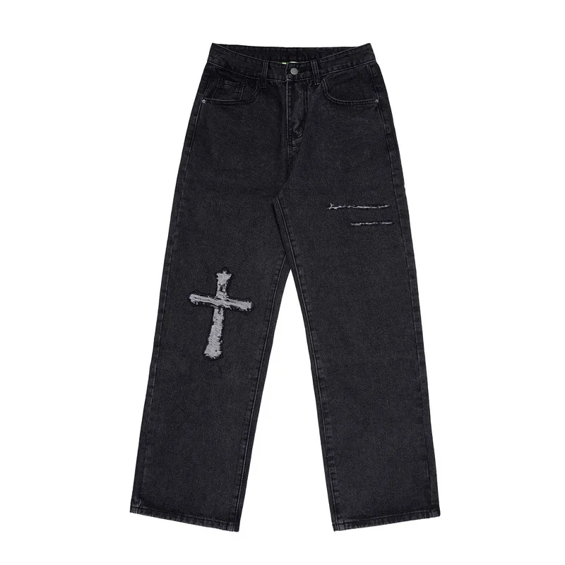 2021 New Arrival Cross Skull Embroidery Hole Ripped Men Vintage Jeans Trousers Hip Hop Oversize Straight Women Denim Wide Pants