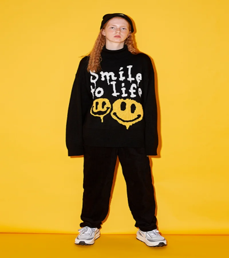

Kanye West Turtleneck Sweater 'Smile to life 'Letter LOGO Oversize Smily face Print Hoodie Women Men Winter High Street Sweaters