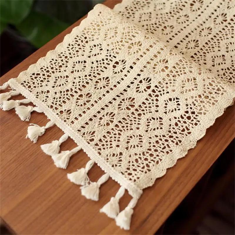 

Woven Tassel Cotton Table Runner Hollow Handmade Crochet With Tassel Tables Cloth Home Kitchen Romantic Wedding Decor Runners