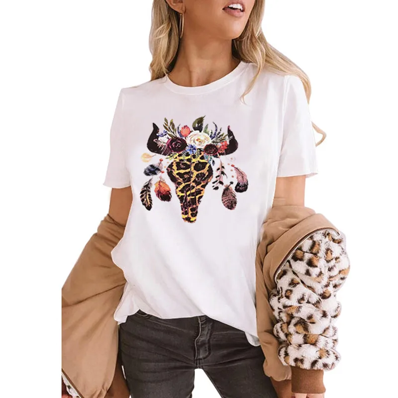 Женская футболка Boho Leopard Bull Skull Hippie забавный Топ летняя с буквенным принтом