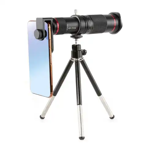 Монокулярный объектив камеры телефона 48X, телескоп для дистанционной фотосъемки, телескоп высокой четкости + зажим для телефона + Штатив для...