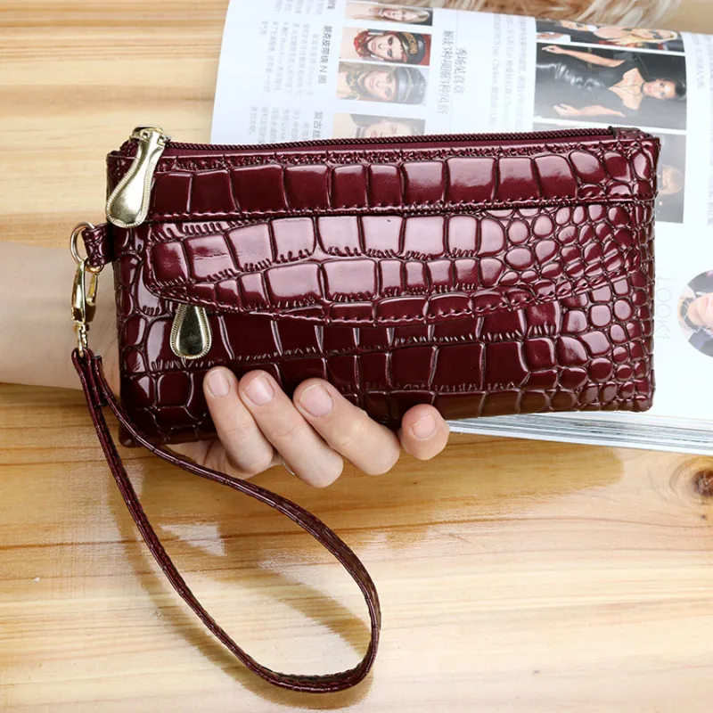 

Patent Leather Women's Wallets Fallow Long Ladies Double Zipper Wallet Clutch Bag Design Red Purse Crocodile Purses