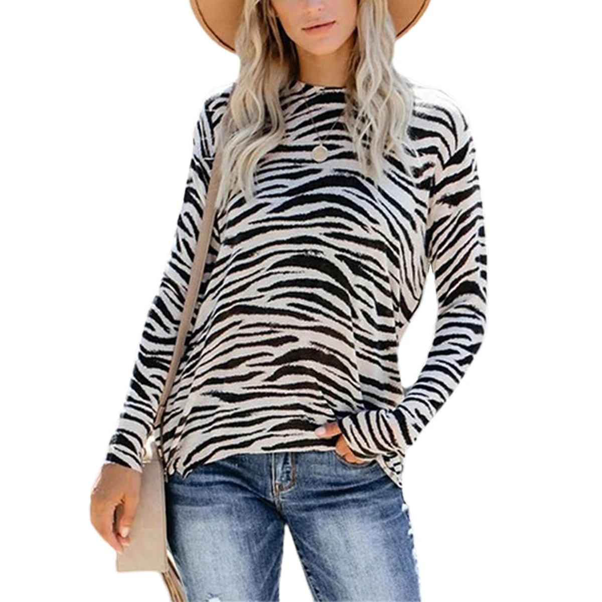 

Women's Striped Leopard Print Camouflage T Shirt, Long Sleeve Pullover with Zipper, Autumn Thin Knit Shirt