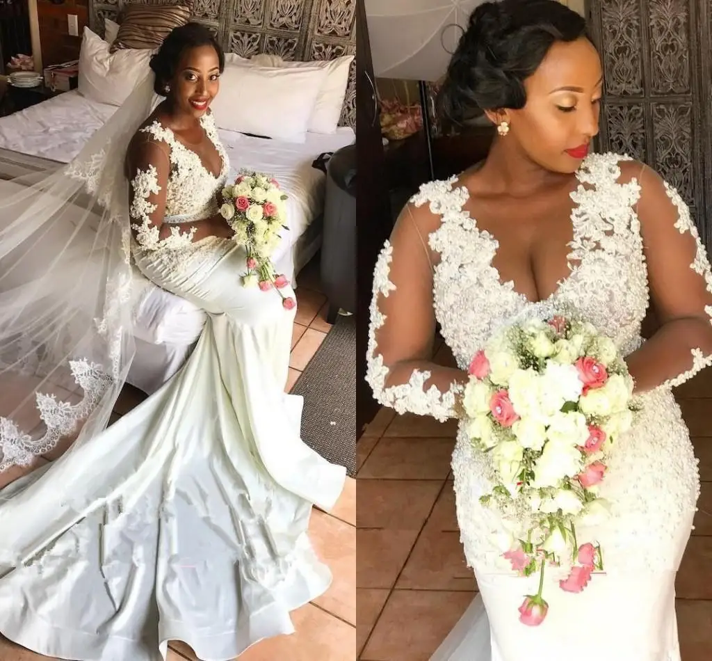 

Mermaid African Wedding Dresses Long Sleeves 2021 Sexy Plus Size Bridal Dress Wedding Gowns Vestidos de Novia