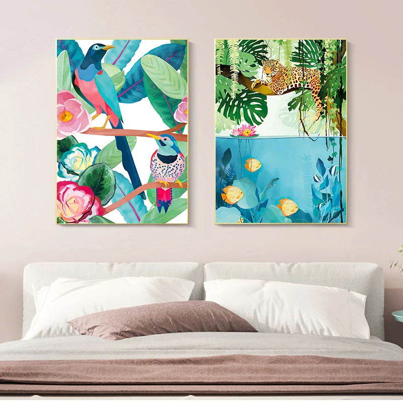 

Настенная Картина на холсте с изображением джунглей, тигра, ярких абстрактных птиц и рыб, домашний декор без рамки