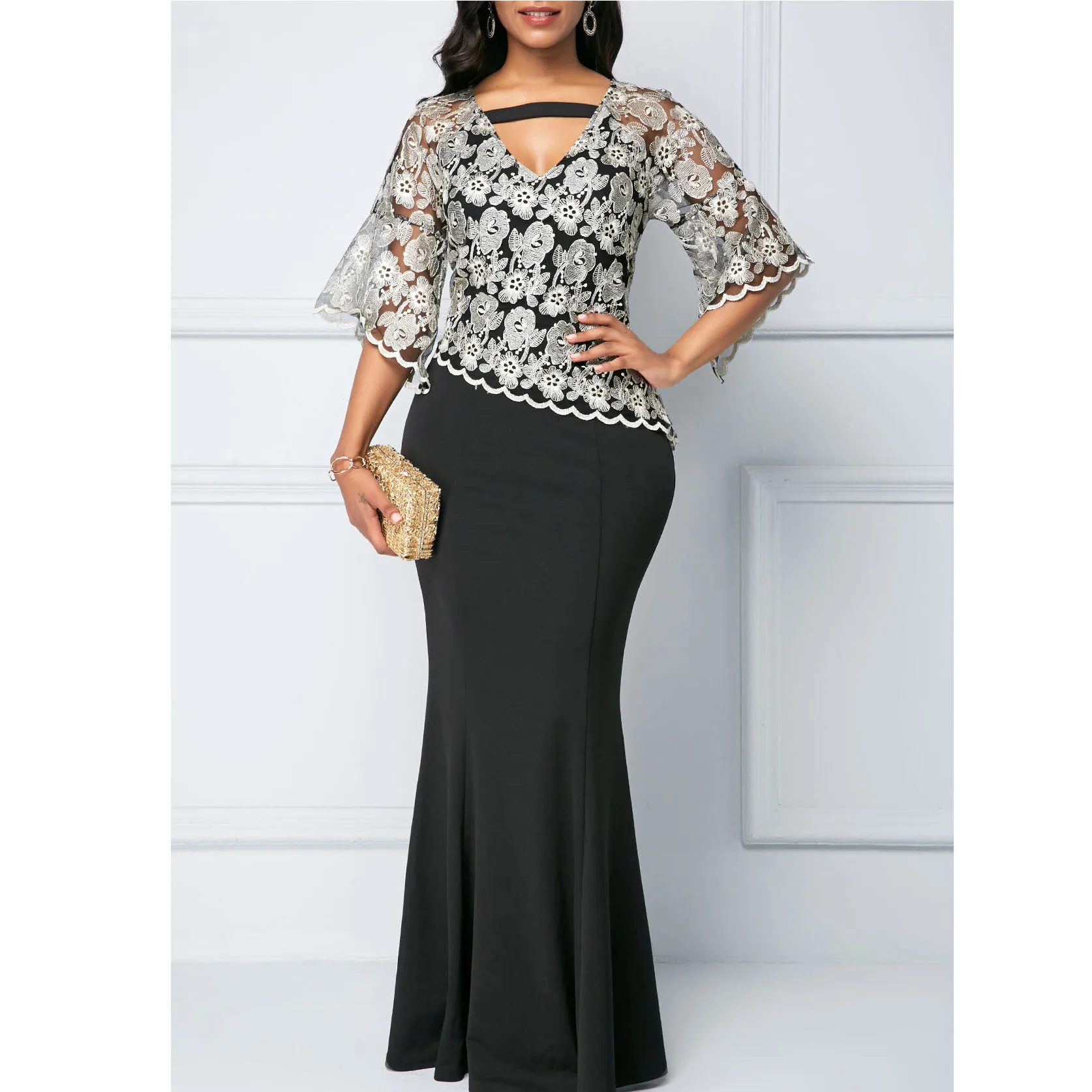 

New lace patch V-neck slim bag hip fishtail dress long women's wear