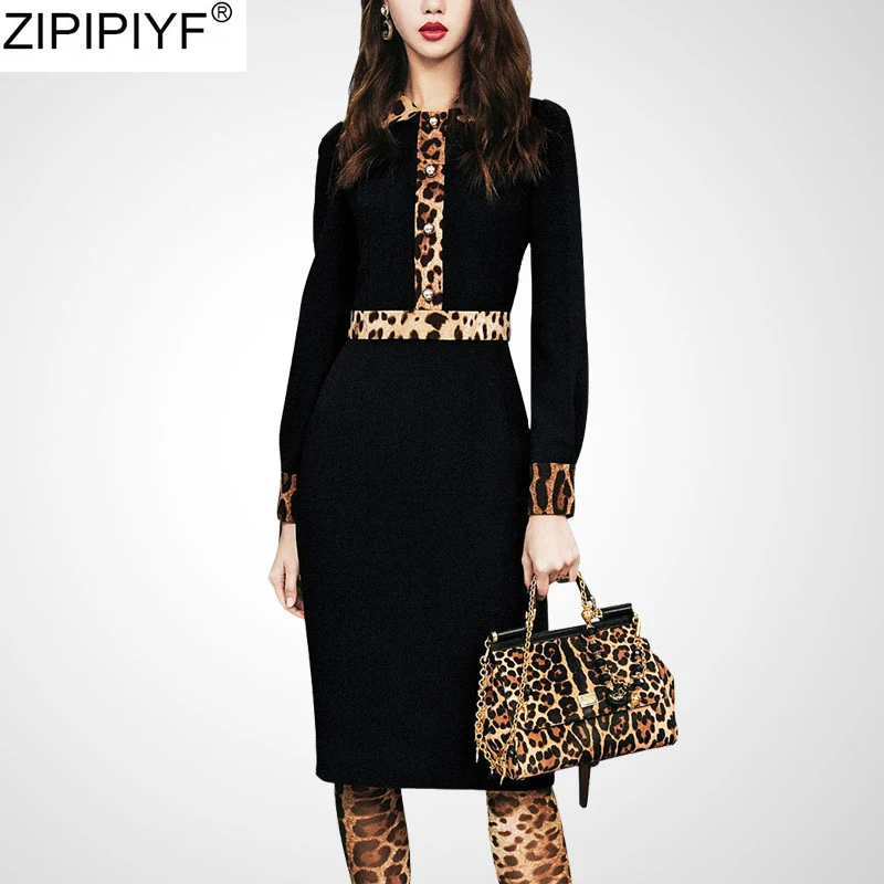 Женское офисное платье с леопардовым принтом облегающее отложным воротником и