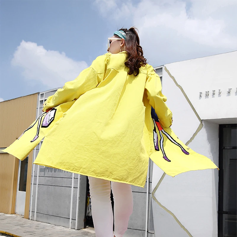 Женский Осенний хлопковый джинсовый Тренч желтое повседневное винтажное пальто