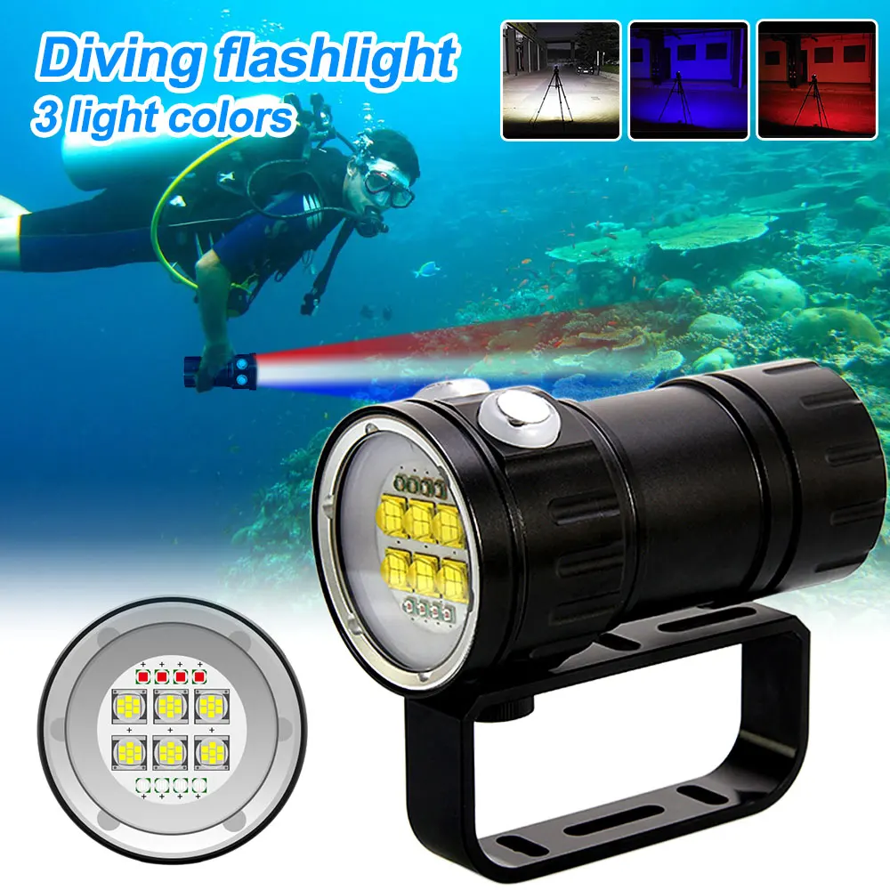 Super Bright 14LED Diving Flashlight Waterproof Blue Red White Scuba Diving Photography Torch Powered by 4*18650 Battery